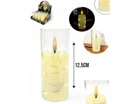 Świeca led ze skaczącym płomieniem w transparentnej obudowie z lampkami led BIAŁA 12,5 x 5 cm - 7065W