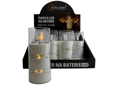 Świeca led ze skaczącym płomieniem w transparentnej obudowie z lampkami led BIAŁA 12,5 x 5 cm - 7065W