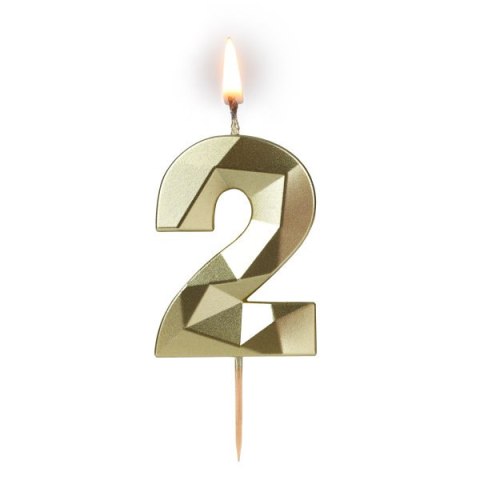 Świeczka cyferka "2" 5,8cm "DIAMENT" ZŁOTA na patyku ( długość patyka 4,2cm / 2cm ) 24szt 64-02